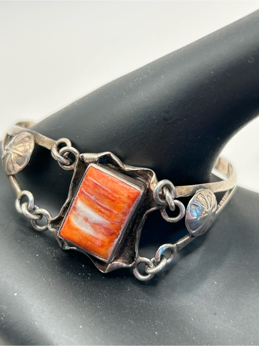 Rare C.Spencer Vintage Sterling Silver Orange Spiny Oyster Panel Bracelet 7.5